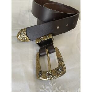 Tanner Genuine Leather Italy XL Gold Glitter Inlay Rhinestones Floral Y2K